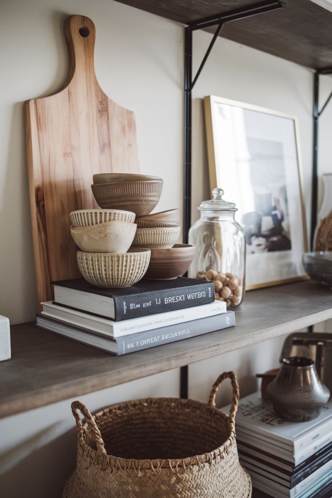 Decorative kitchen shelf with layered styling—cutting boards behind bowls, books under jars, and framed art leaning casually.