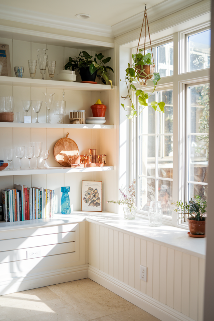 Bright kitchen window framed by built-in wooden shelves showcasing cookbooks, plants, and glassware.