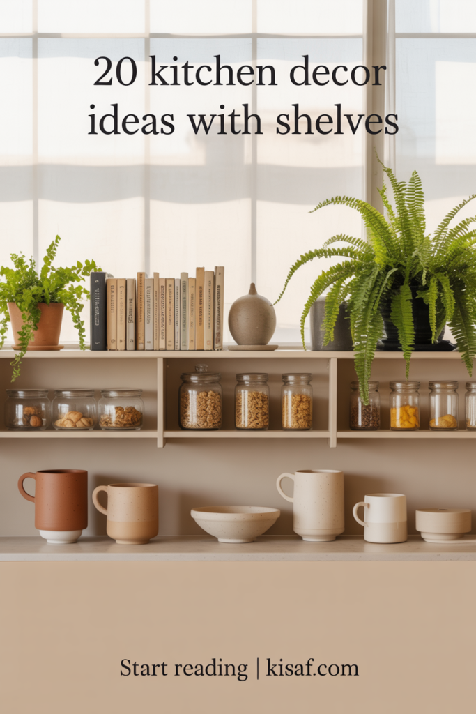 Pinterest pin showing a beautifully styled modern kitchen with open shelves featuring plants, jars, and ceramics. Text overlay reads “20 Kitchen Decor Ideas With Shelves” with “Start Reading | Kisaf.com” at the bottom center. Cozy and inspirational kitchen decor aesthetic.