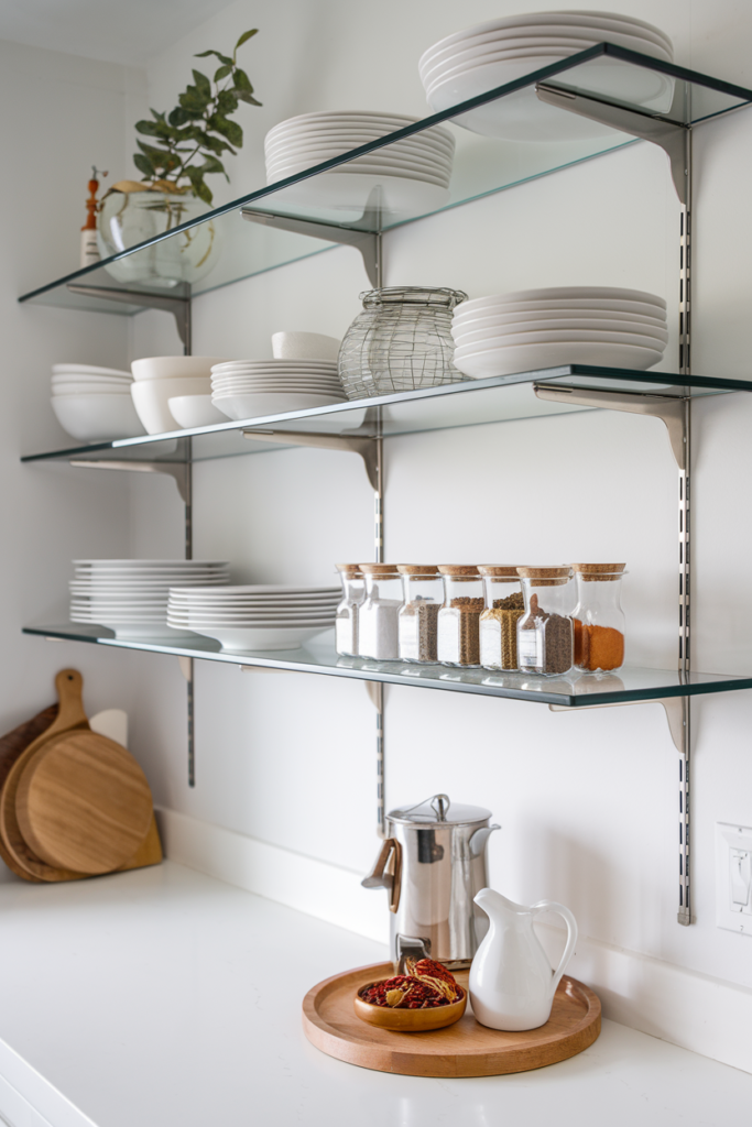 Modern kitchen with glass shelves supported by brass brackets, displaying white dishes and clear jars for a clean, airy look.