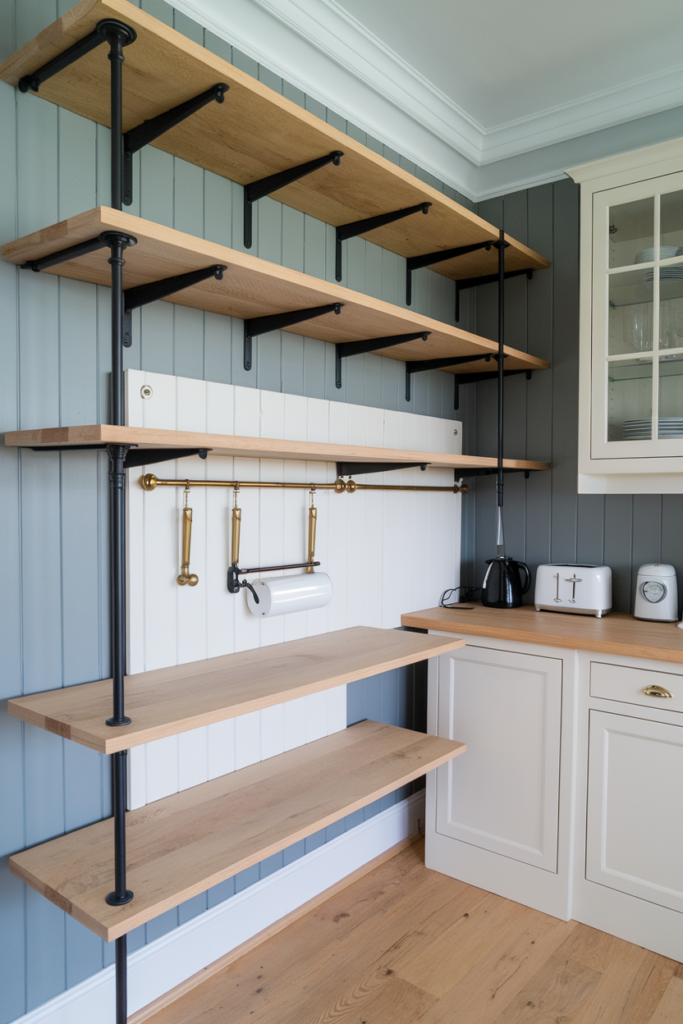 Stylish kitchen shelf with a light oak plank supported by a matte black metal frame, blending modern and rustic design.