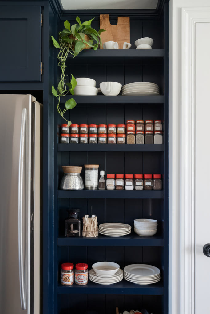 Tall, narrow shelf tower placed between kitchen appliances, painted bold blue and filled with spices and dishware.