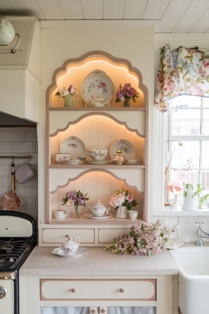 Charming kitchen wall with arched built-in shelving unit featuring soft curves and scalloped wood edges.