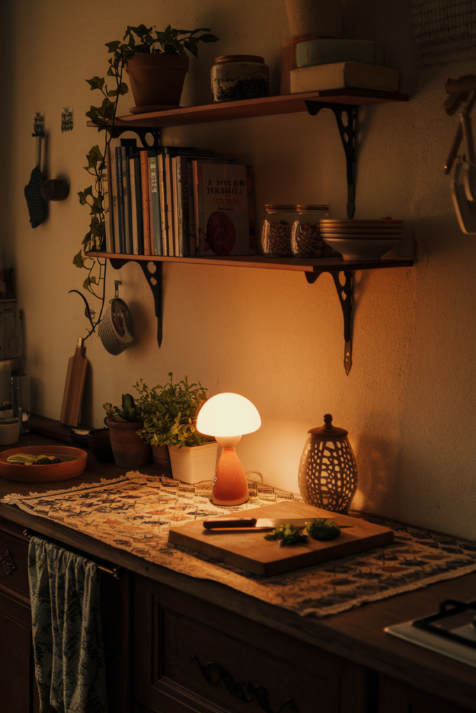 Cozy kitchen shelf with a small battery-operated lamp casting a warm glow over dishes and décor pieces.