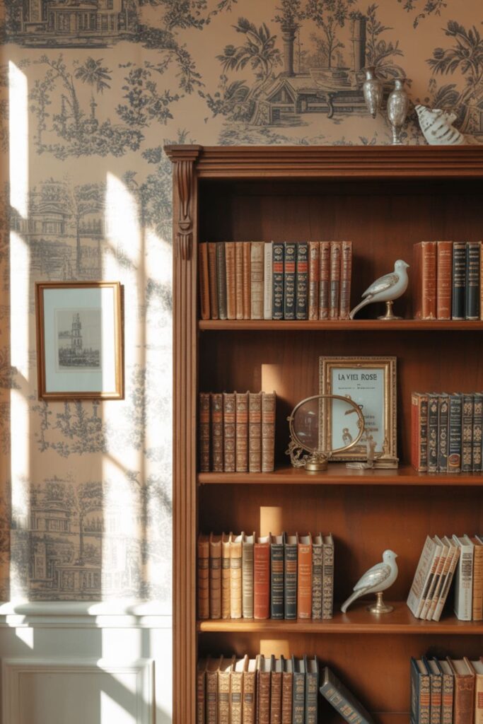 Accent wall with vintage toile wallpaper behind a wooden bookshelf with decor