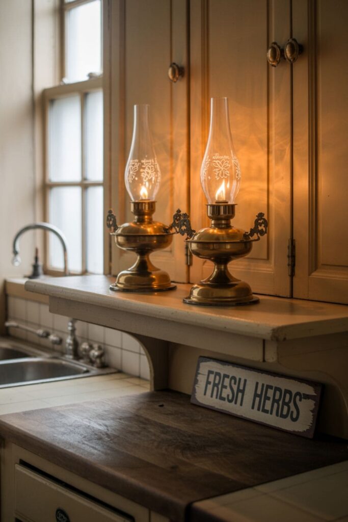 Antique brass oil lamps lined up above kitchen cabinets casting warm light