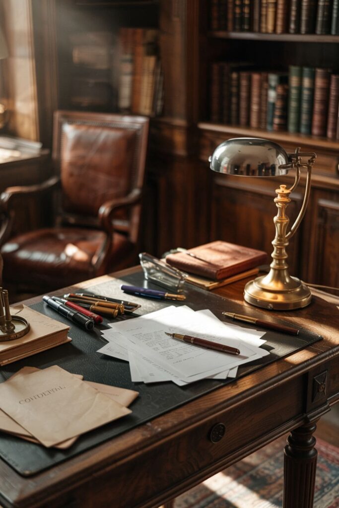 Antique writing desk with fountain pens, notebooks, and a classic lamp in a peaceful guest space