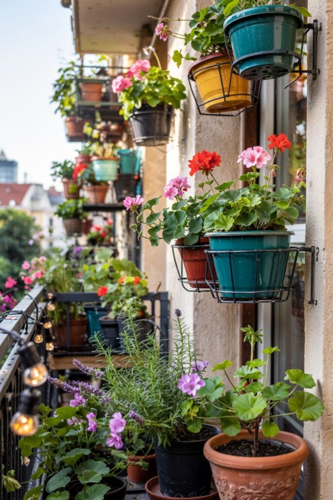 Apartment balcony decorated with vibrant, colorful plant pots and greenery