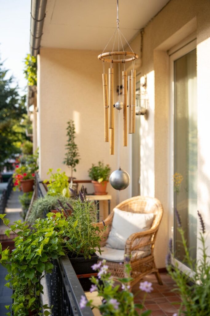 Balcony decorated with bamboo and metal wind chimes for sound and style