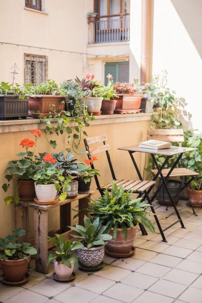 Balcony filled with assorted potted plants in terracotta and ceramic containers