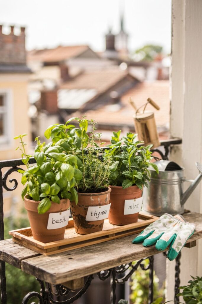 Balcony herb garden with small labeled pots of basil, mint, and thyme