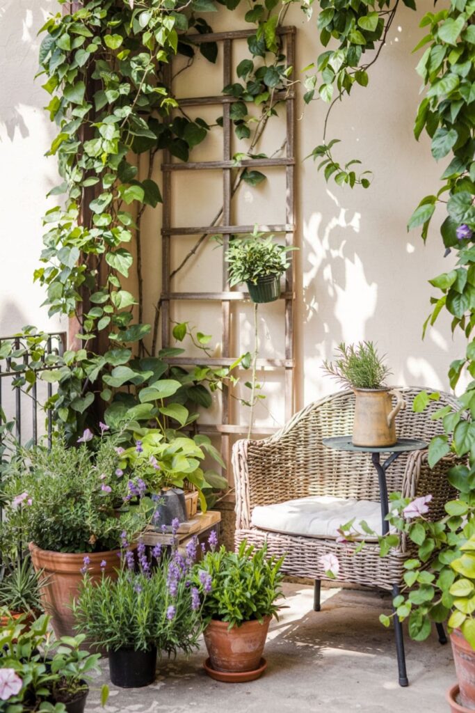 Balcony railing with lush climbing plants like ivy creating a green wall