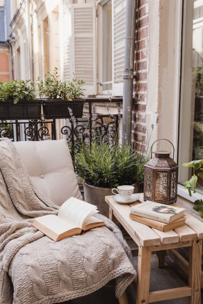 Balcony reading nook with a lounge chair, blanket, and lantern for a cozy vibe