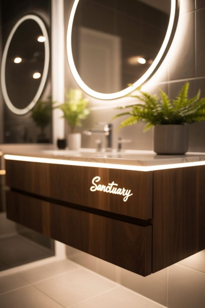 Bathroom glowing with soft ambient lighting from under-vanity LED strips and wall sconces