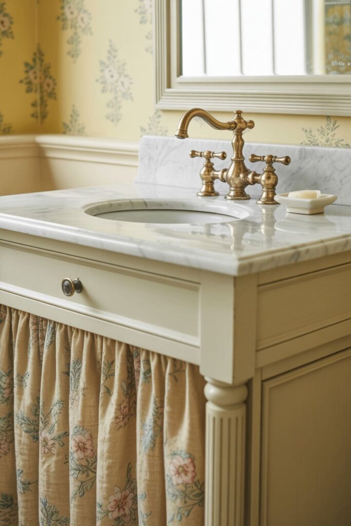Bathroom vanity with floral linen skirt covering the base and vintage faucet