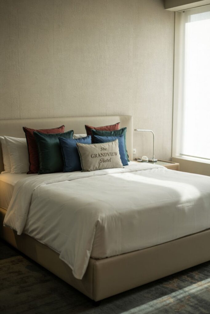 Bed styled with high-thread-count sheets, a plush duvet, and layered throw pillows in soft, elegant colors