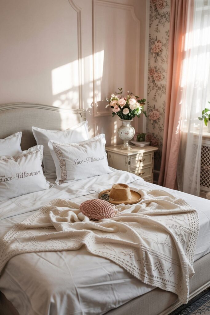Bed styled with lace-trimmed pillows and a delicate crochet throw in a soft, vintage setting