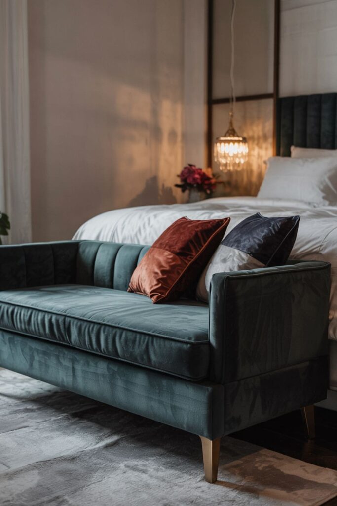 Bedroom decorated with velvet pillows and a bench in deep, rich tones for a soft, elegant feel