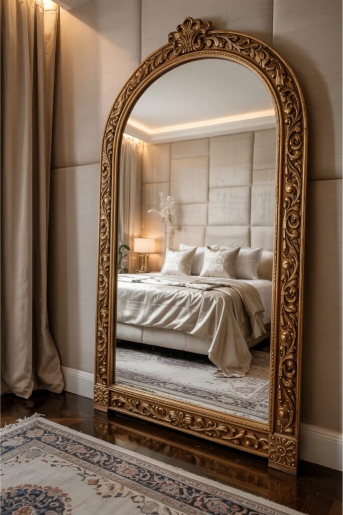 Bedroom featuring a large arched mirror with antique gold frame reflecting natural light