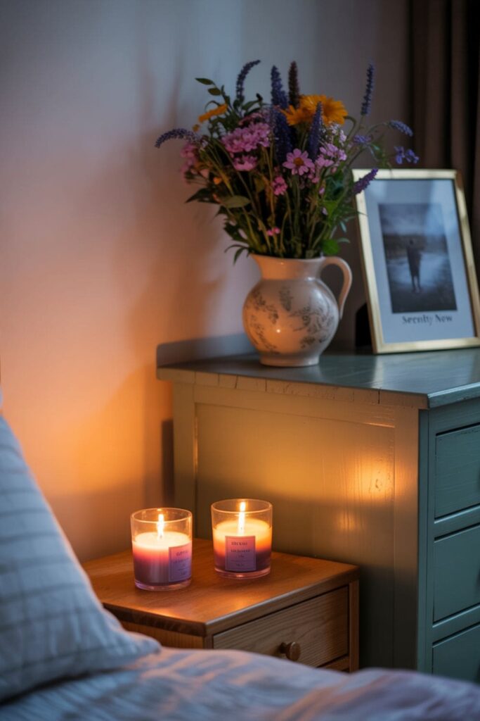 Bedroom with lit lavender-scented candles and fresh flowers, adding a soothing scent to the space