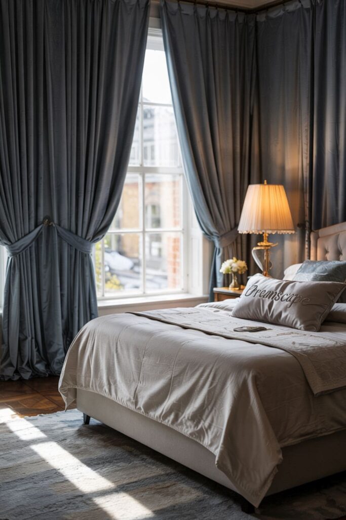 Bedroom with tall, floor-to-ceiling velvet curtains that enhance height and add dramatic luxury