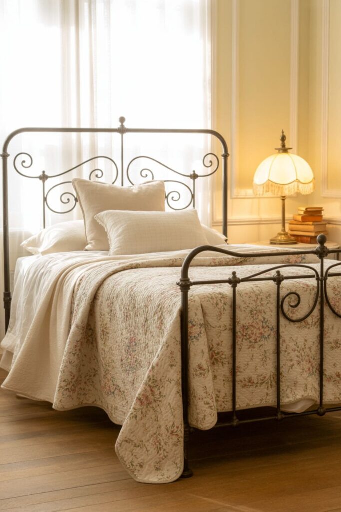 Black vintage iron bed frame with floral quilt and soft linens in a bedroom