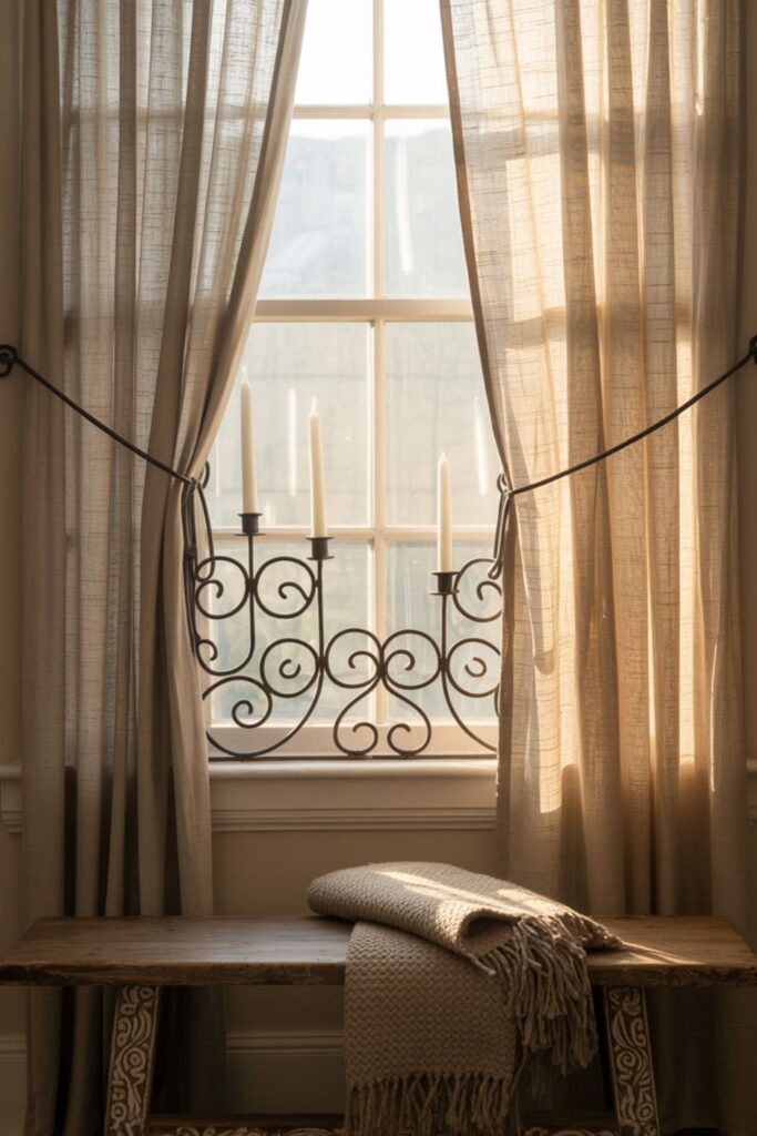 Black wrought iron candle holders and curtain rods complementing soft curtains