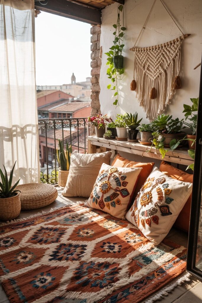 Bohemian-style balcony with rugs, poufs, plants, and macramé wall hangings