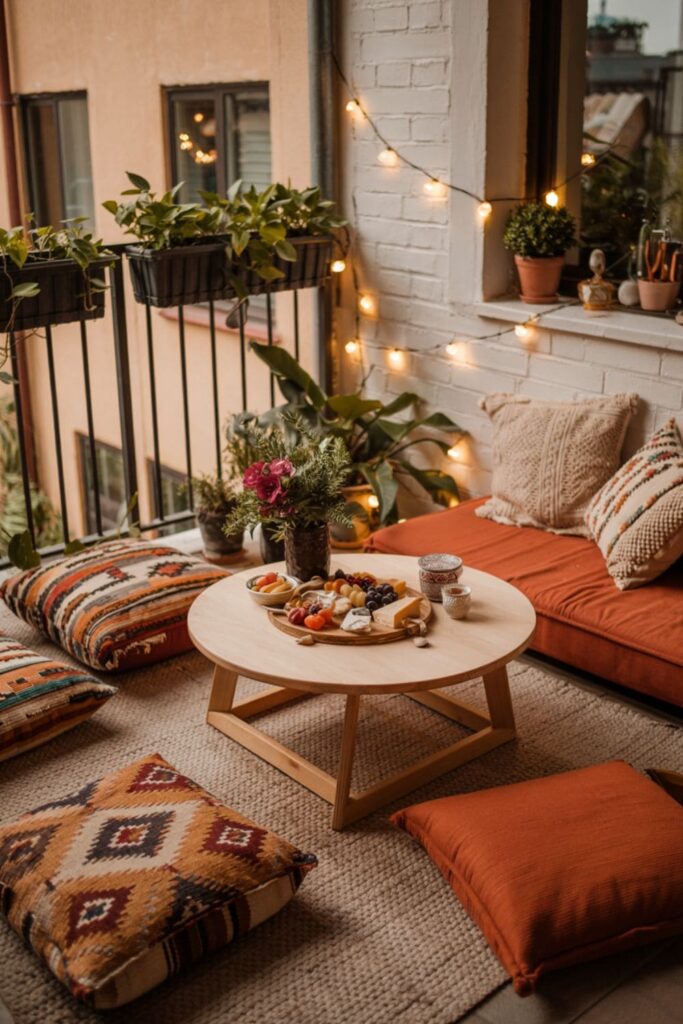 Boho balcony with a low coffee table and floor cushions set for casual lounging