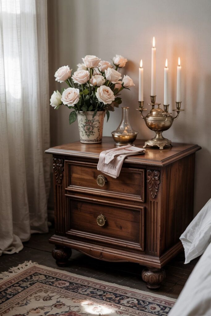 Brass candle holders and antique oil lamp placed on a nightstand in a vintage-styled bedroom