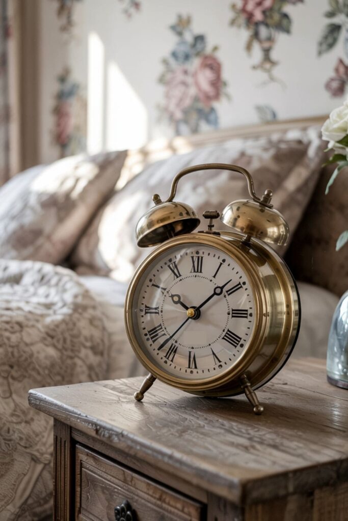 Brass vintage alarm clock on a wooden nightstand in a retro-inspired guest bedroom