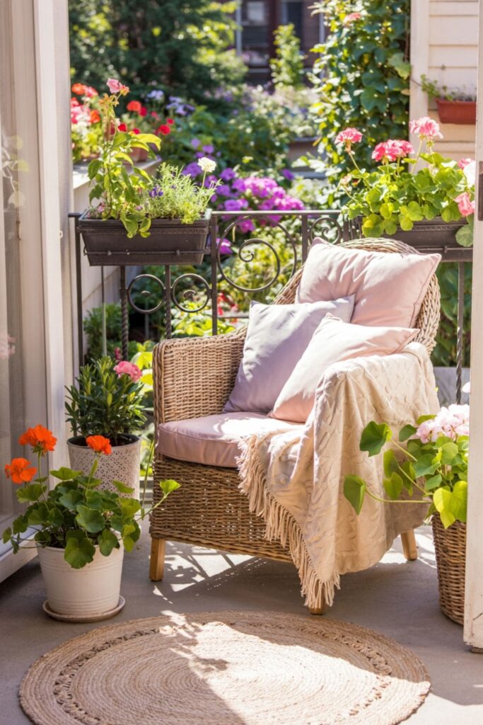 Bright balcony with white and pastel decor for an open, airy feel