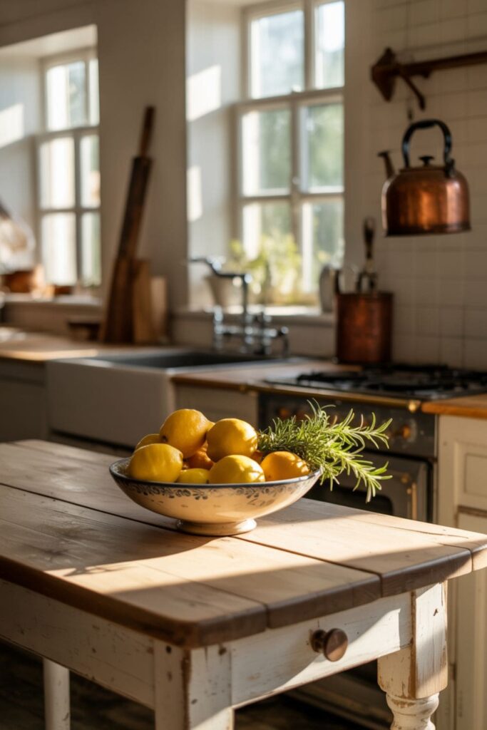 Bright cottage kitchen with sheer curtains or uncovered windows letting in natural light