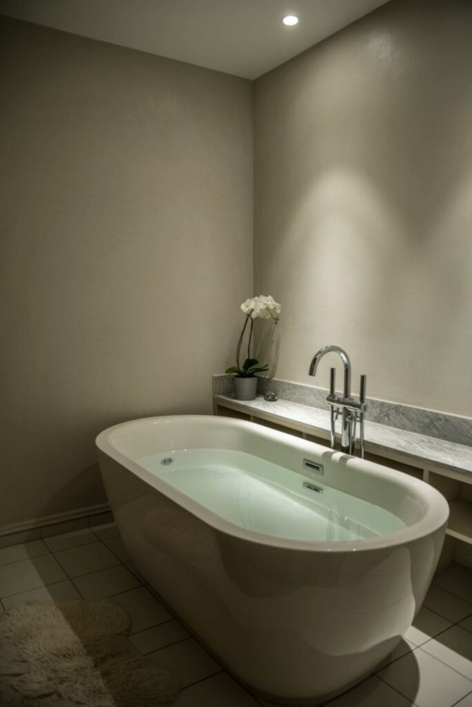 Bright neutral-toned bathroom with beige and white finishes, wood accents, and natural light