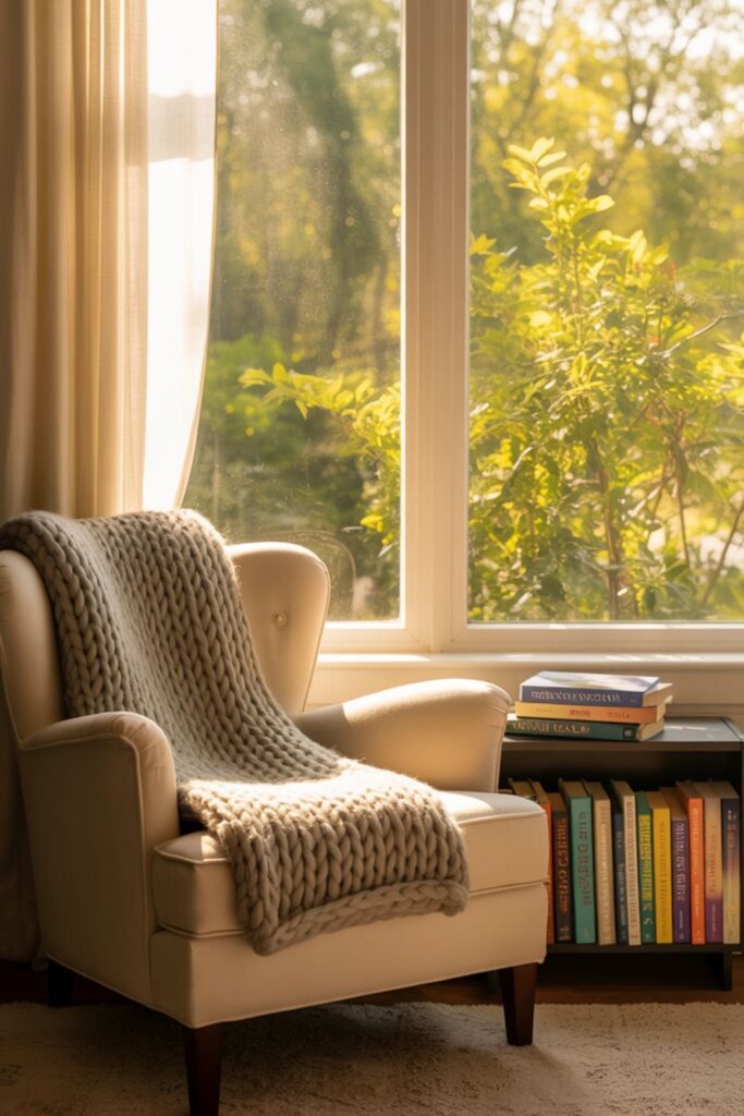Bright reading nook by a large window featuring a comfy armchair, small bookshelf, and cozy throw blanket