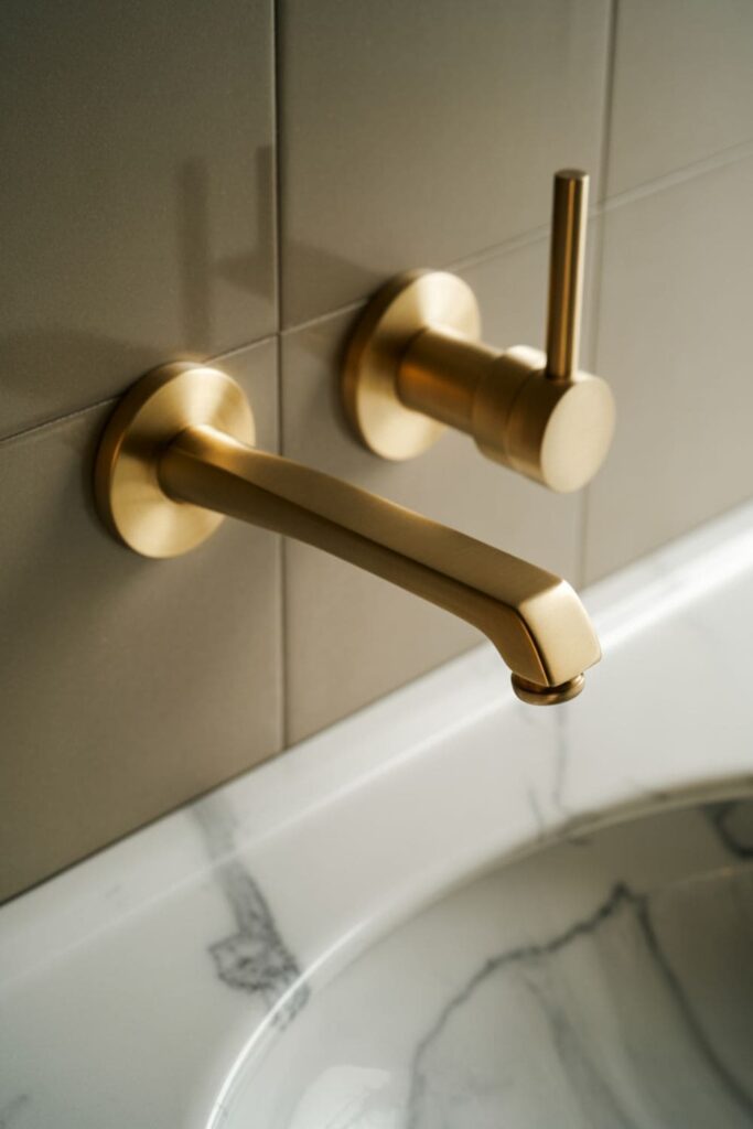 Brushed gold waterfall faucet and matching hardware on a marble vanity surface