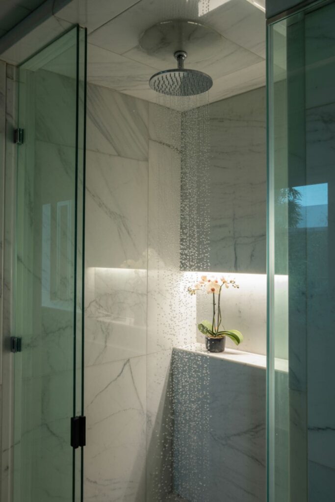 Ceiling-mounted rainfall showerhead in a marble-tiled shower with glass enclosure