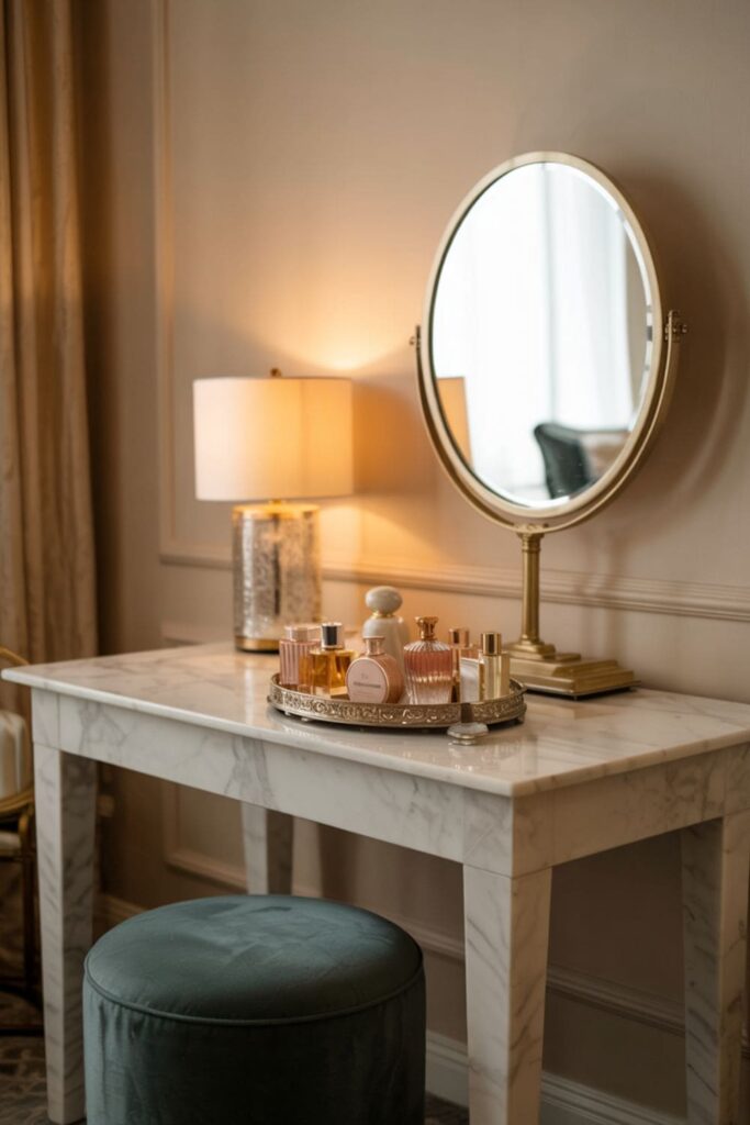 Chic vanity setup with marble surface, round mirror, and velvet stool in a luxury bedroom corner