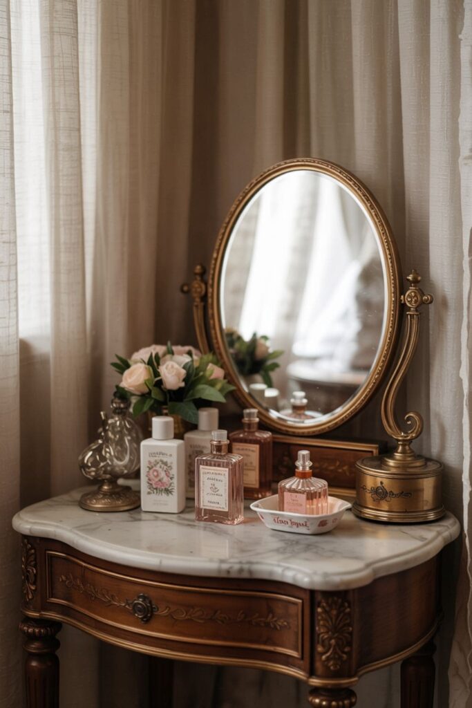 Classic vanity table with curved legs, vintage mirror, and small decor pieces in a cozy guest room