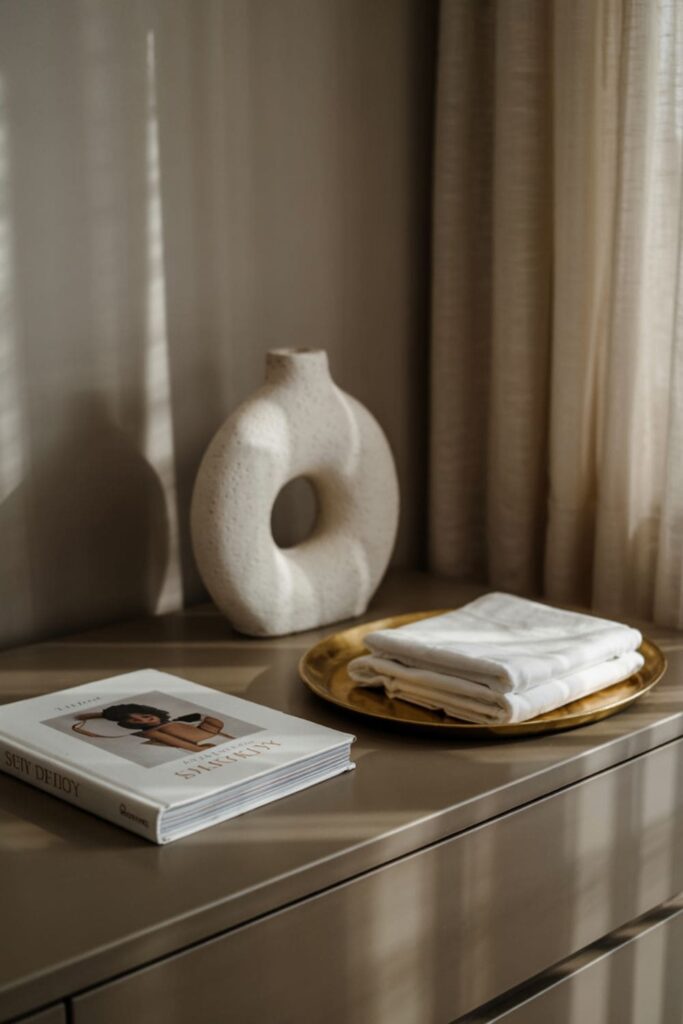 Clean and modern bedroom with minimal decor including a gold tray, designer book, and sculptural vase