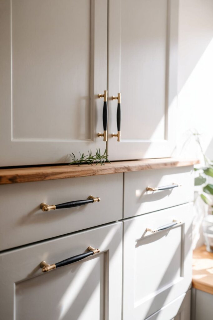 Close-up of a cabinet drawer with modern matte black handles in a bright kitchen