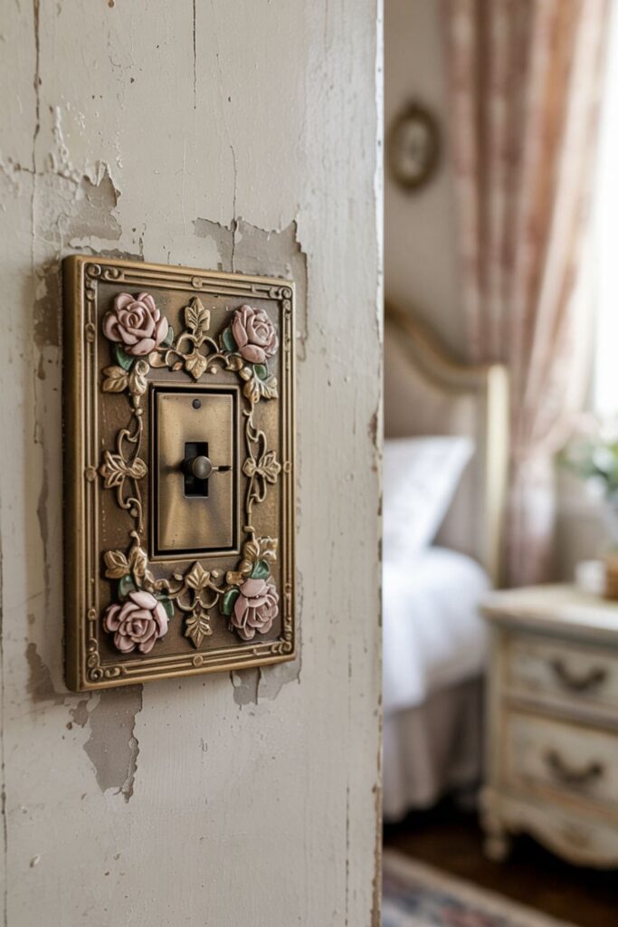 Close-up of a vintage-style light switch cover in a cozy guest room with antique decor and soft lighting