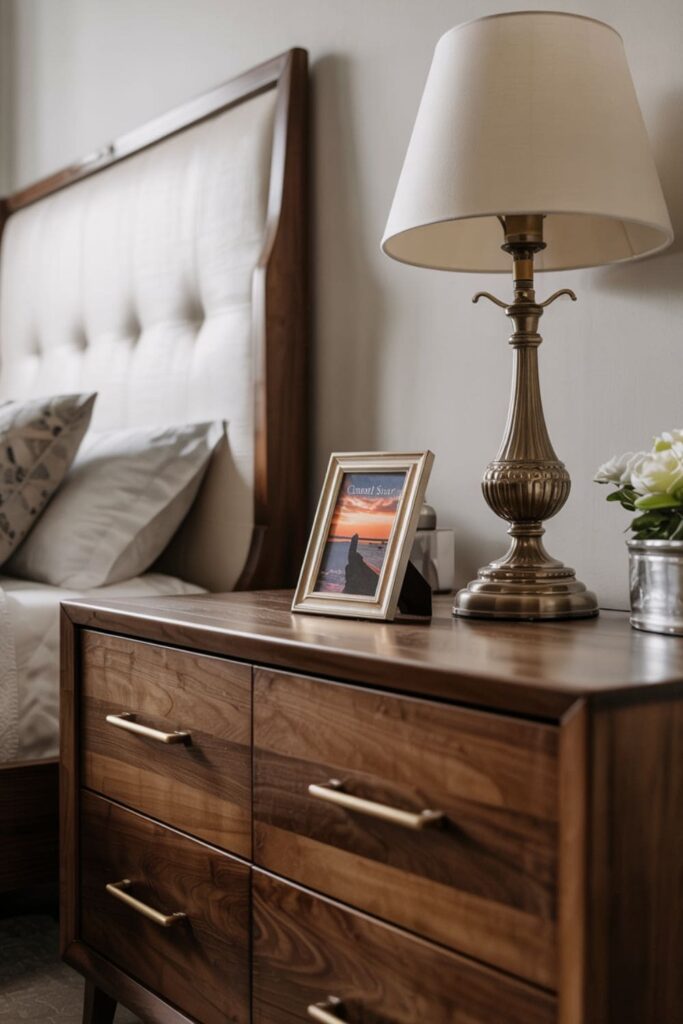 Close-up of bedroom furniture with matching gold drawer pulls and cohesive hardware finishes