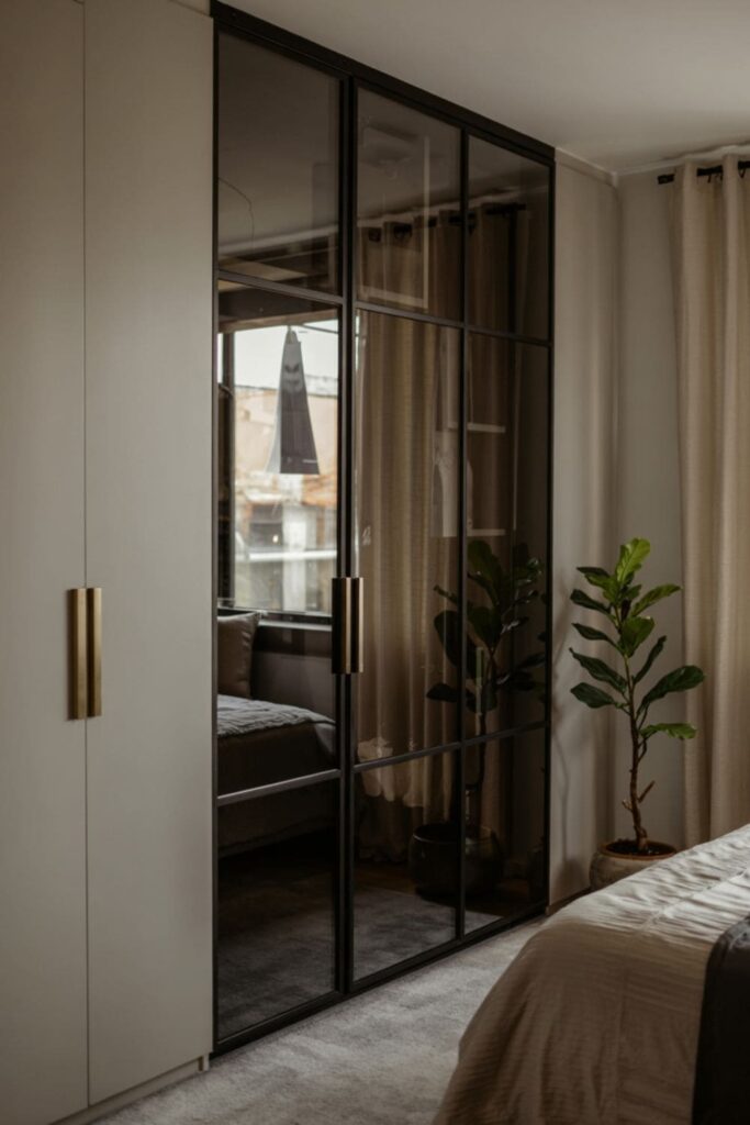 Closet with mirrored and glass-paneled doors featuring brass hardware in a stylish bedroom