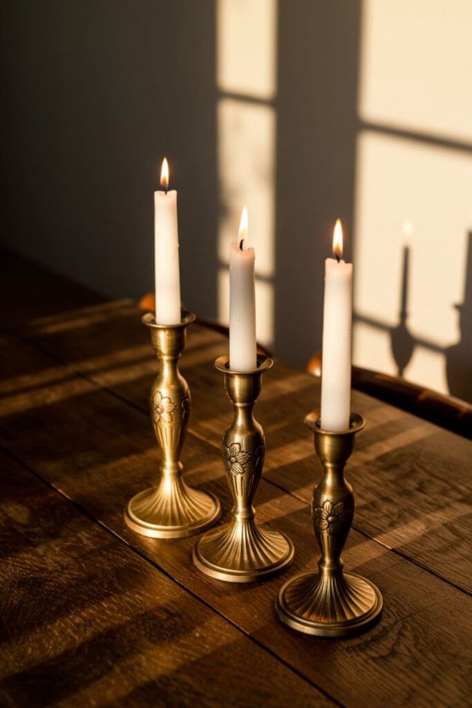 Cluster of brass candlesticks of varying heights on a wooden dining table