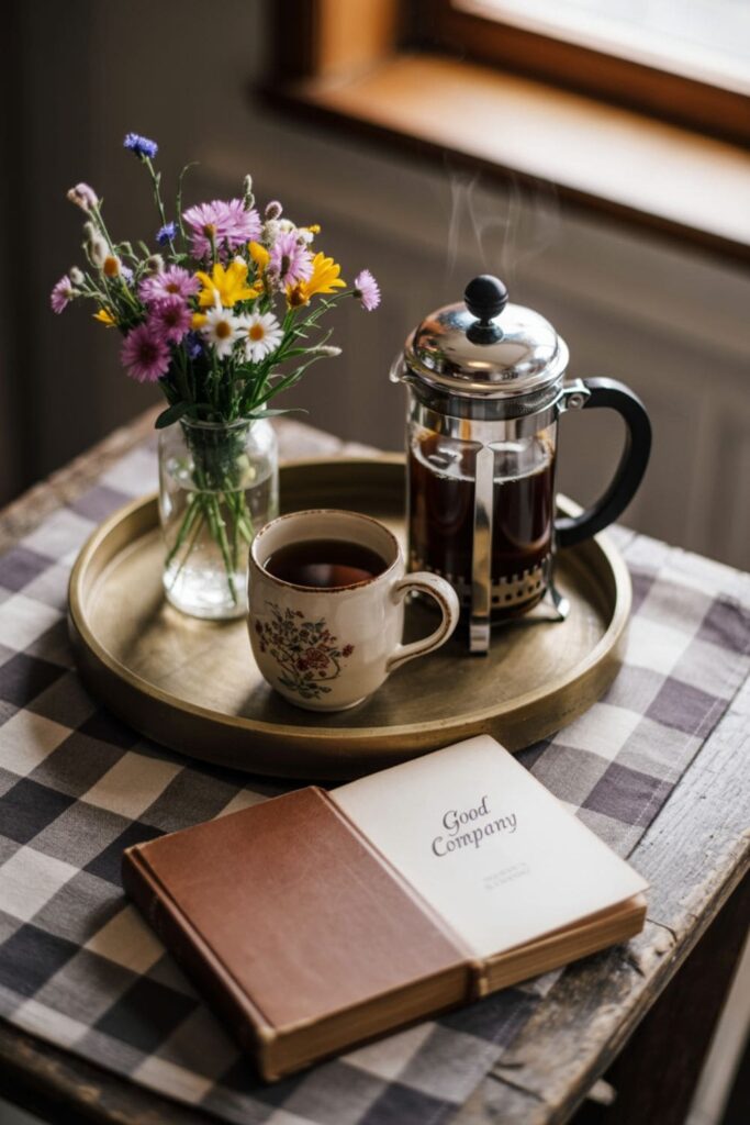 Coffee nook with a wooden tray, vintage mugs, French press, and small flower vase