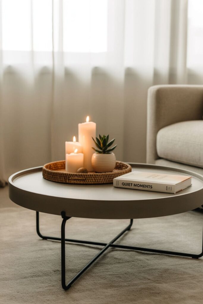 Coffee table styled with a decorative tray holding candles, plants, and coasters