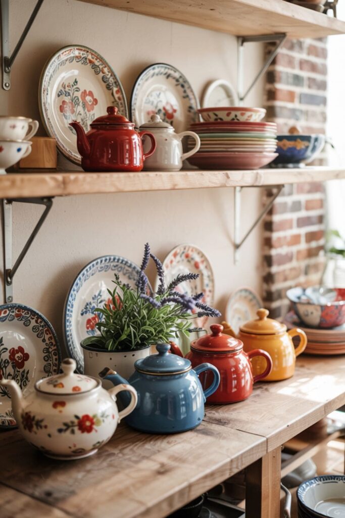 Colorful enamel teapots and hand-painted plates displayed on open kitchen shelves