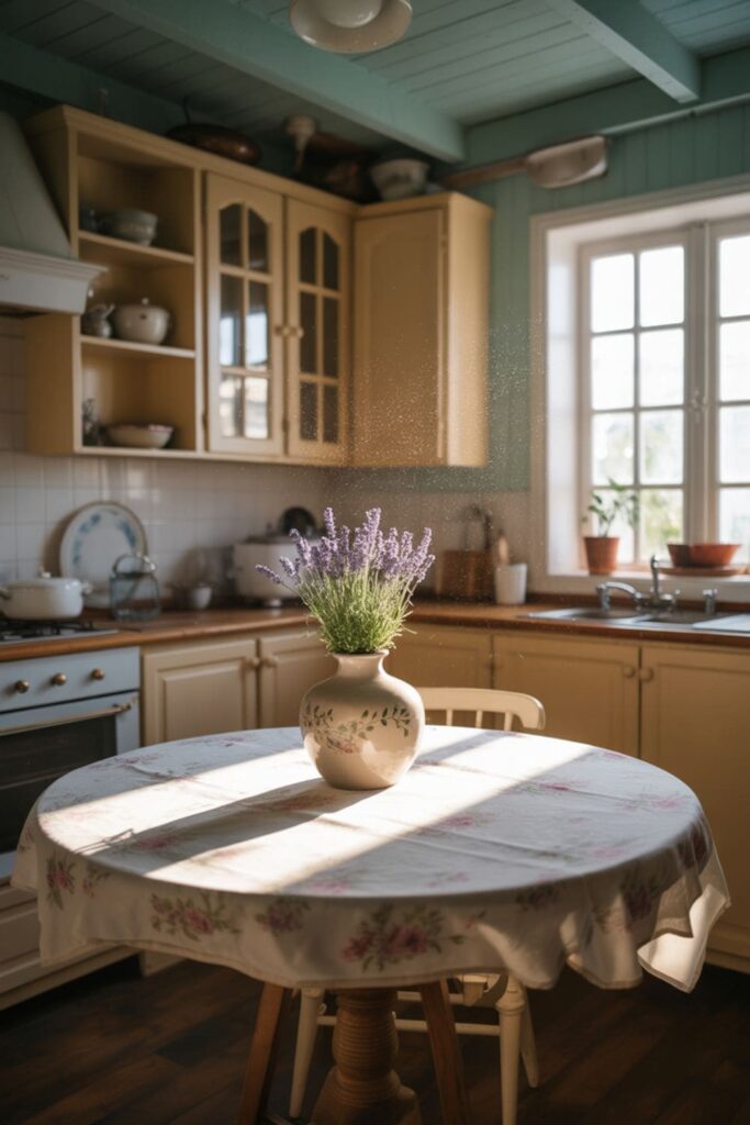 Cottage kitchen with a pale blue ceiling and cream cabinetry for a cozy touch