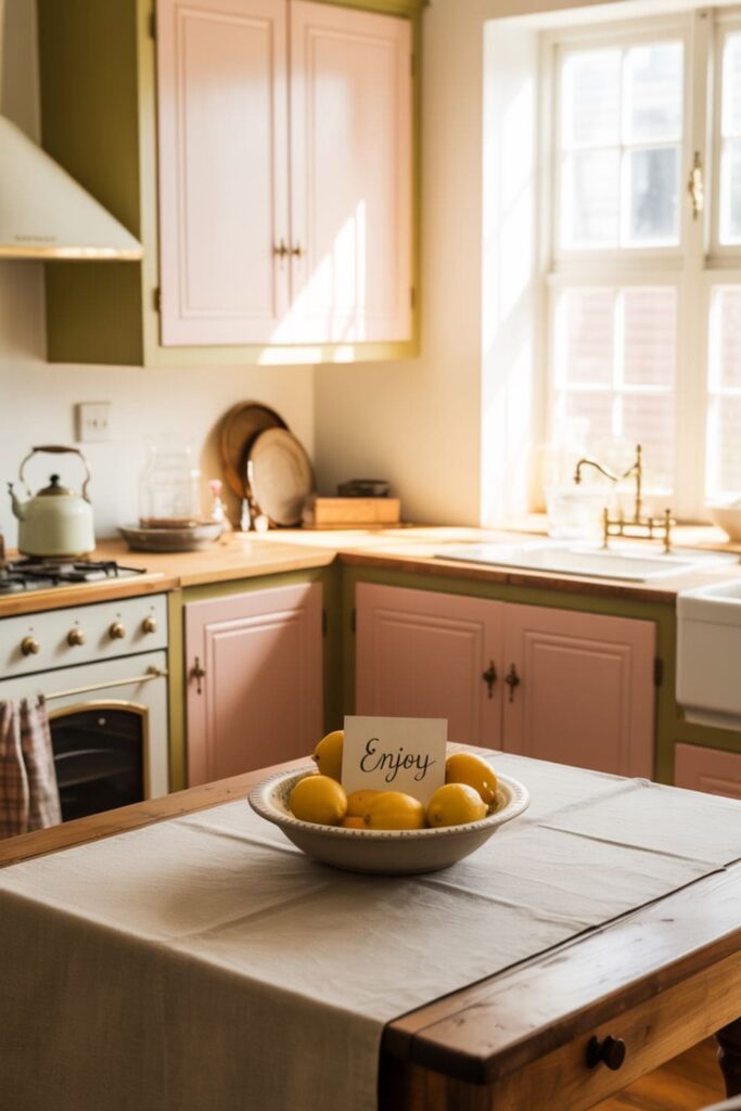 Cottage kitchen with blush cabinets, olive accents, and soft cream walls in natural light